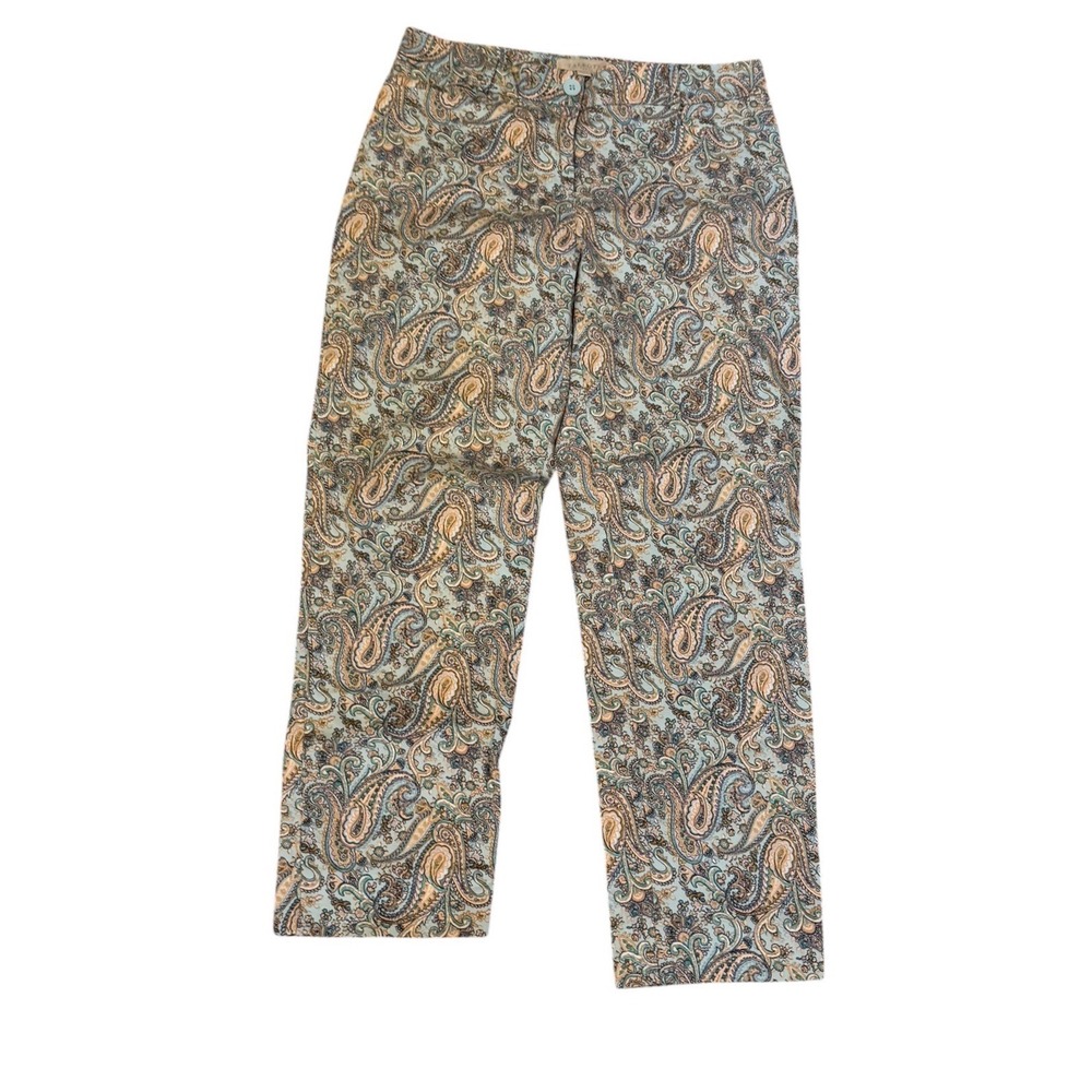 Talbots Womens Paisley Straight Leg Ankle Pants Blue Tan Size 4 Cotton Stretch